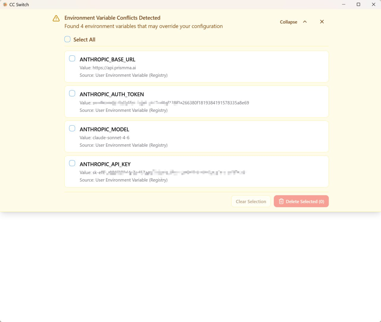 CC Switch conflicts-detected dialog