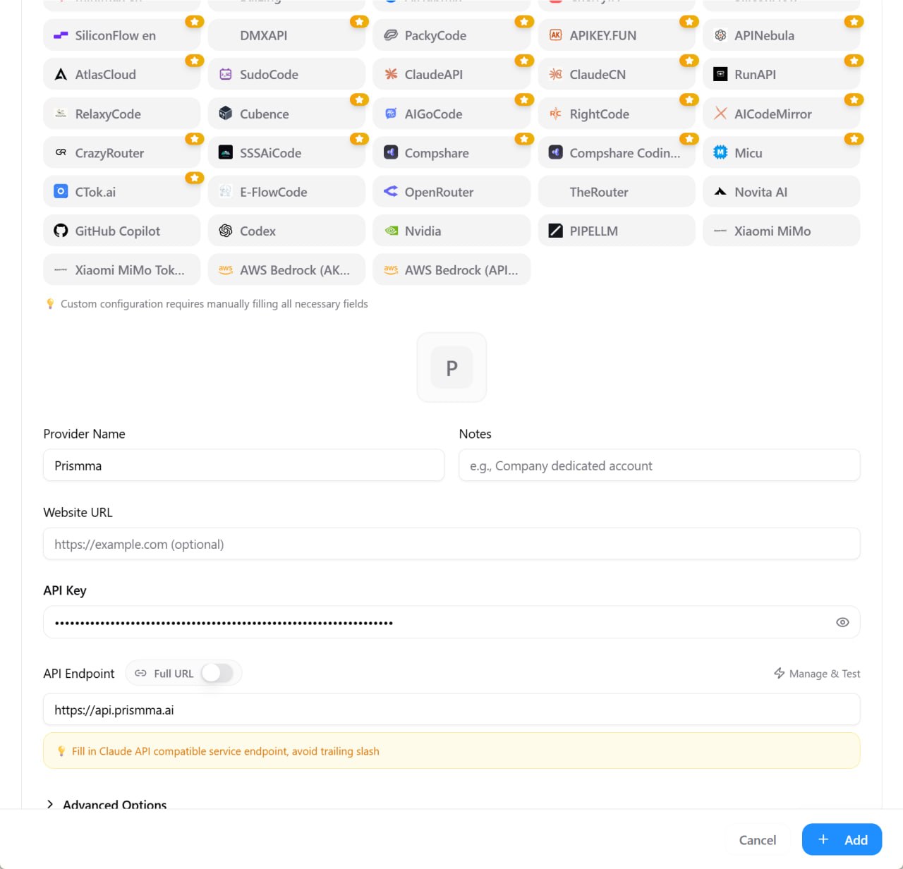 CC Switch provider form filled